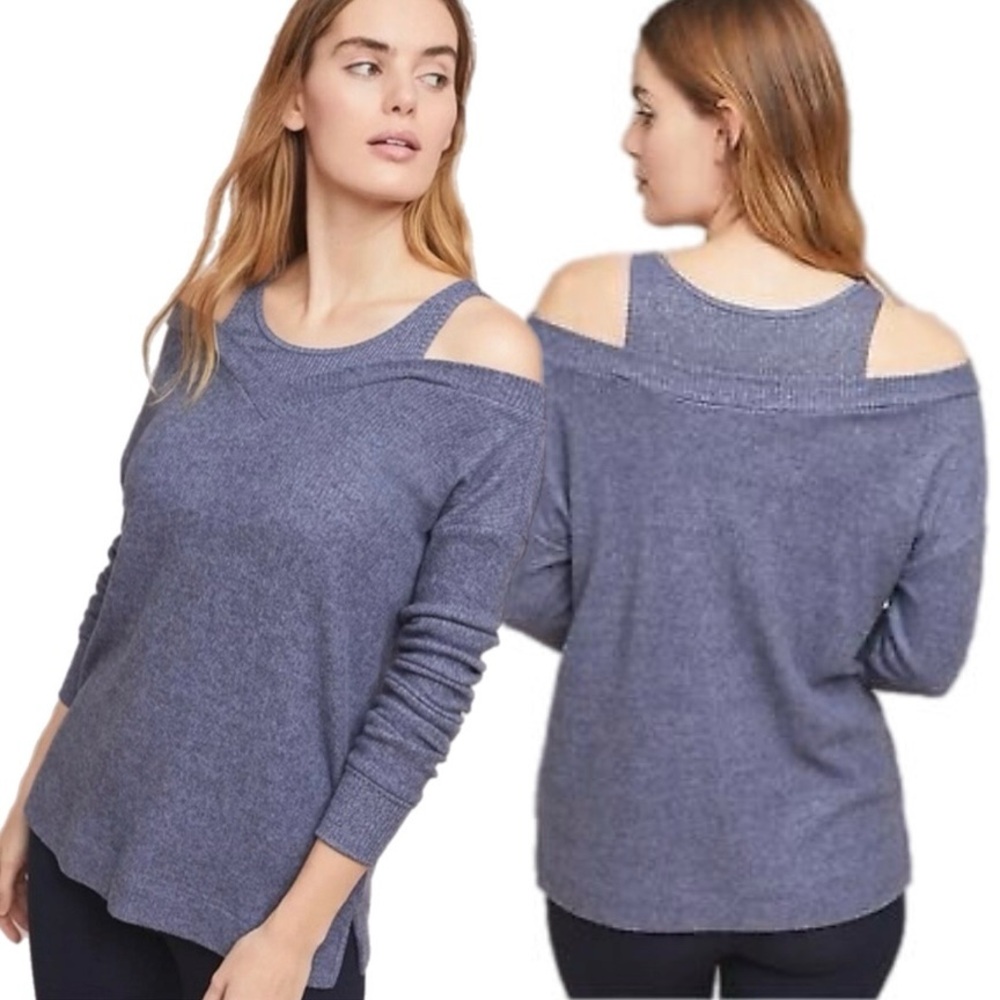 Anthropologie NWT Saturday Sunday Cloud Fleece Cold Shoulder Sweater Blue Sz XS